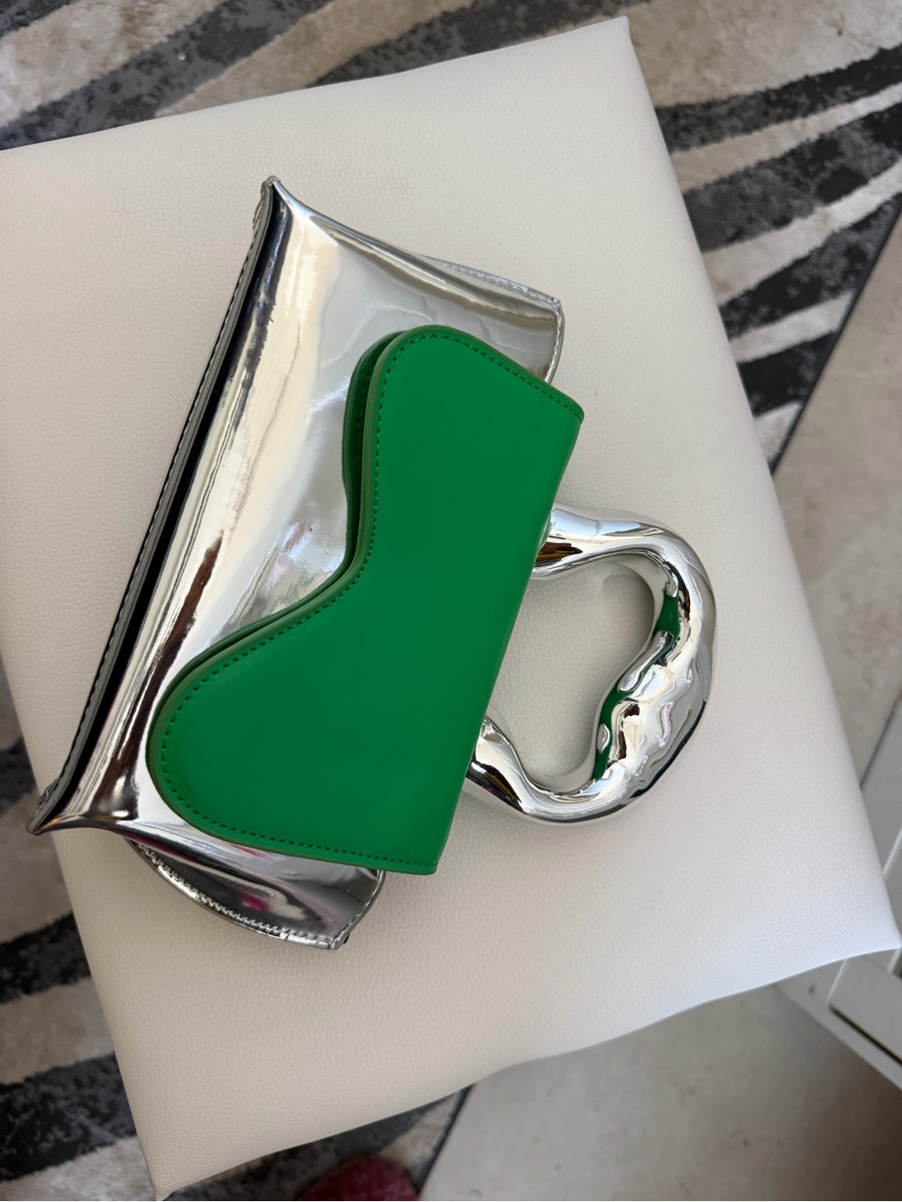 Green Women's Handbag with Silver Sculpted Handle